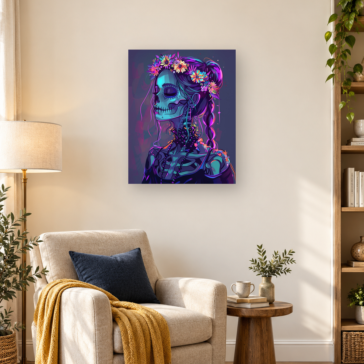 Neon gothic portrait of a blue-green skeletal woman with braided hair and colorful flowers — 03_lifestyle_hero