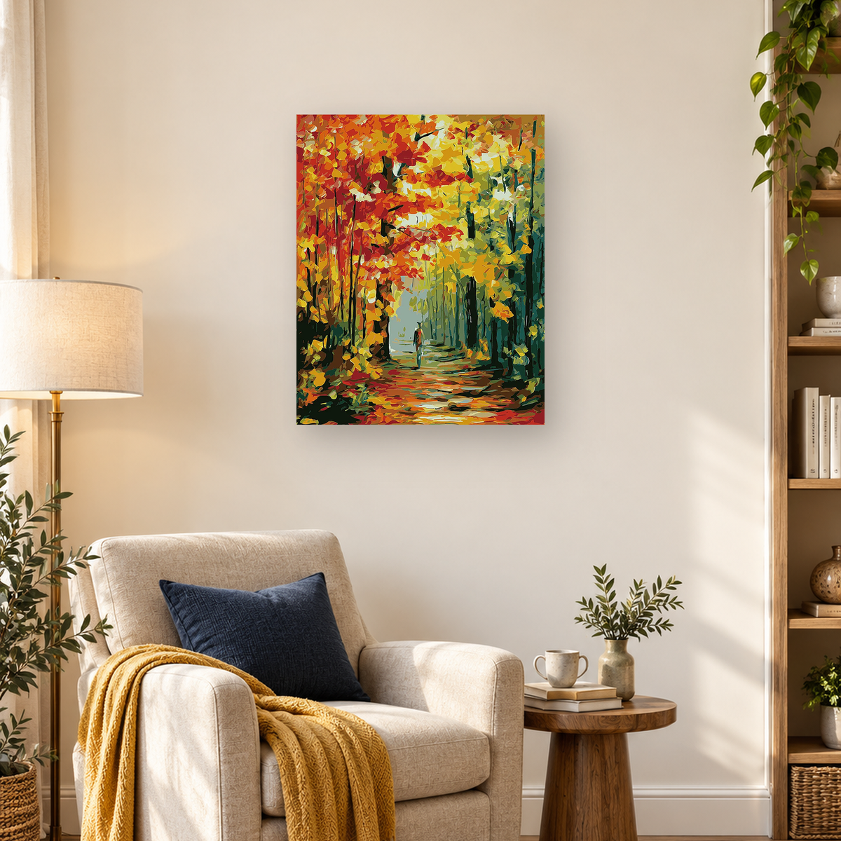 Painterly autumn forest path framed by colorful trees, with a small figure walking in the distance. — 03_lifestyle_hero
