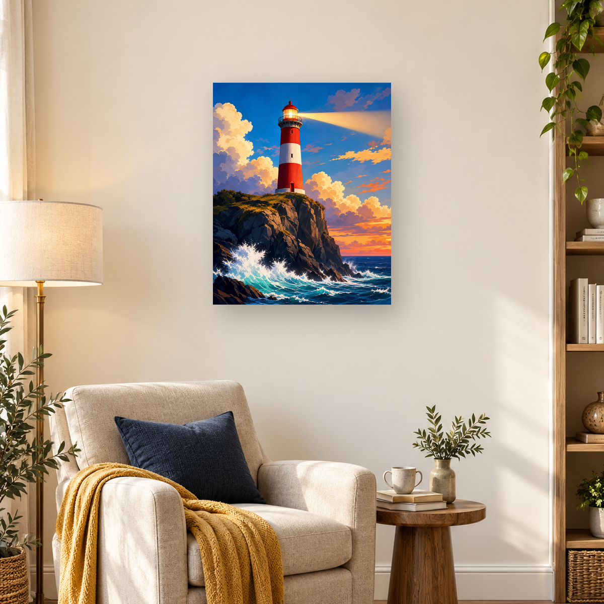 MalaMind Gallery V3 | 03 Lifestyle Hero | LI-261006-001 | Red-and-white lighthouse shining over a rocky cliff and crashing turquoise ocean waves