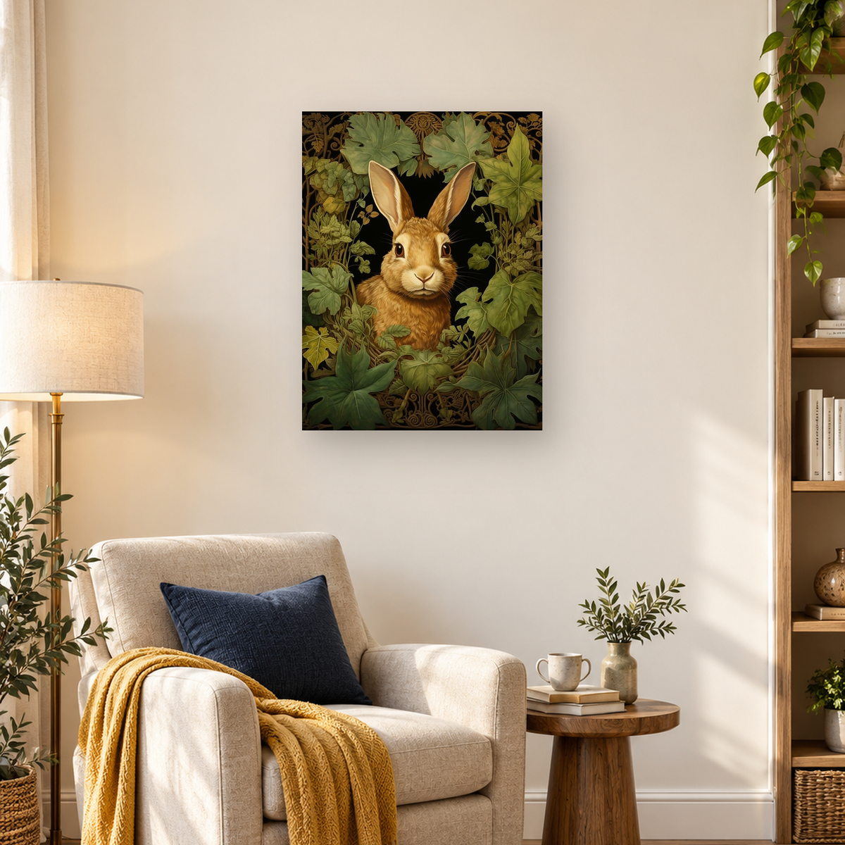 Brown rabbit portrait centered among layered green leaves and ornate botanical vines on a black background — 03_lifestyle_hero