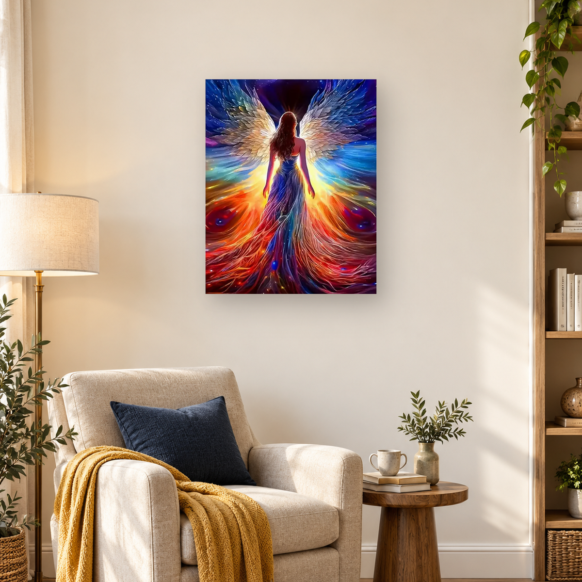 Back-facing woman in a flowing gown with large white and blue wings amid radiant multicolored light — 03_lifestyle_hero