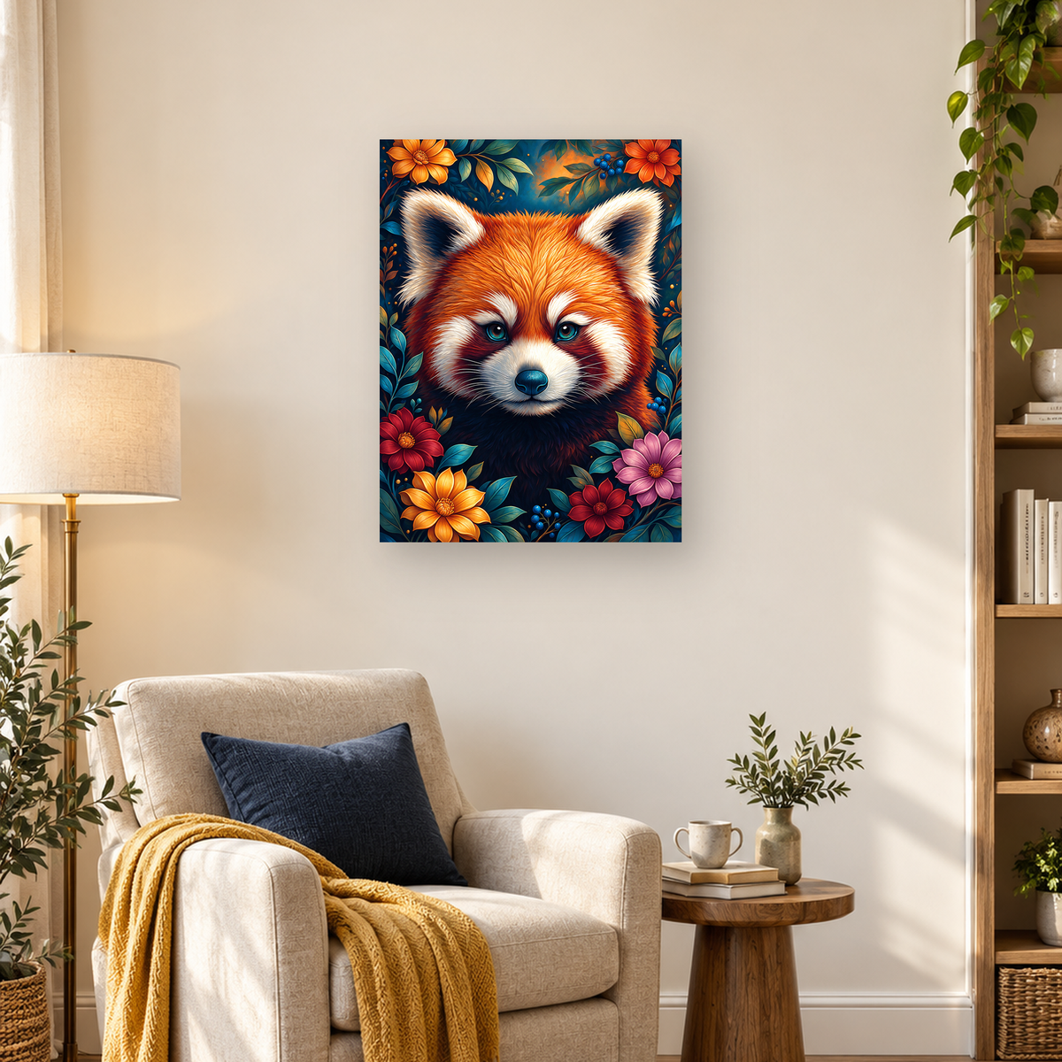Close-up red panda with blue eyes framed by colorful flowers, leaves, and blue berries — 03_lifestyle_hero