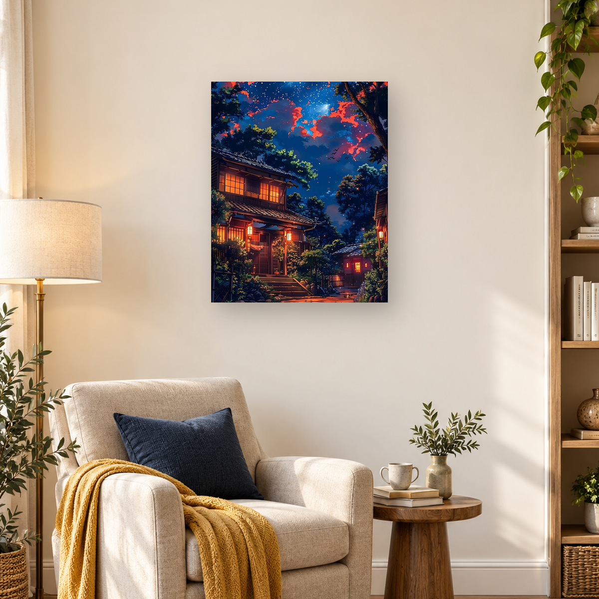 Traditional Japanese village homes glowing beneath a starry blue sky with red-orange clouds and flying bats. — 03_lifestyle_hero