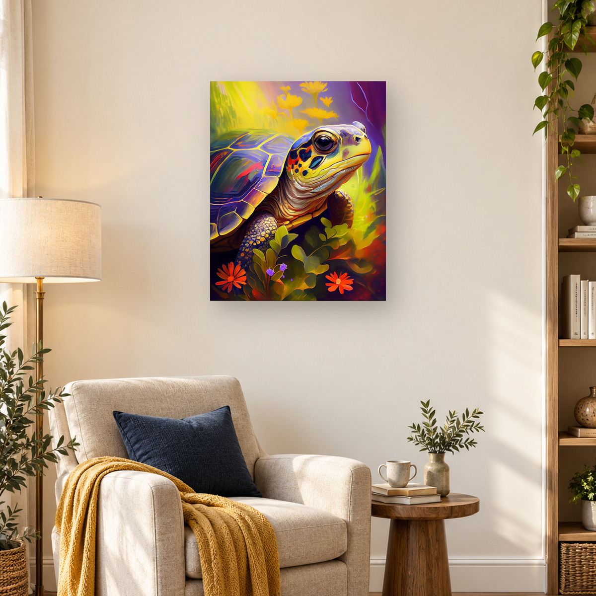 Colorful turtle with a patterned shell surrounded by bright flowers and green foliage — 03_lifestyle_hero