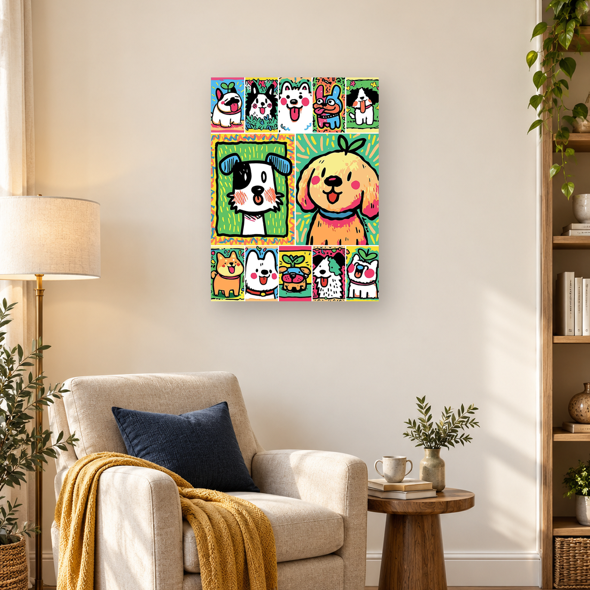 Colorful cartoon dogs and cat-like animals arranged in bold decorative panels — 03_lifestyle_hero