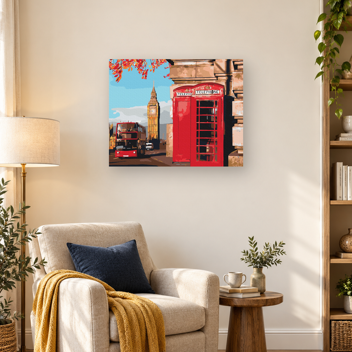 Stylized London street with a red telephone booth, Big Ben, and a red double-decker bus — 03_lifestyle_hero