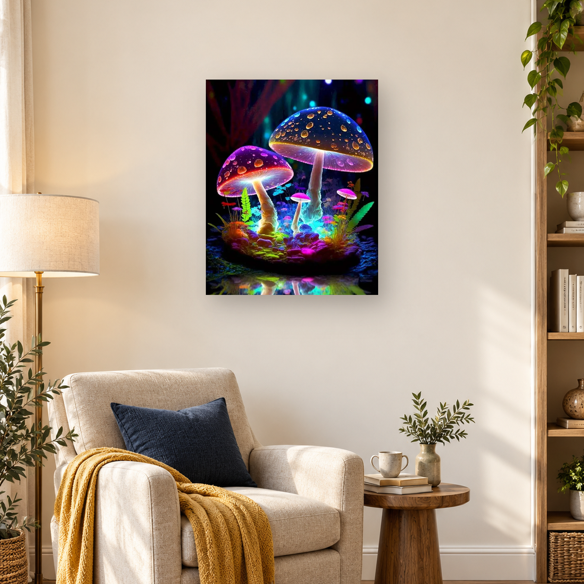 Colorful glowing mushrooms surrounded by ferns and plants in a dark fantasy forest with water reflection — 03_lifestyle_hero