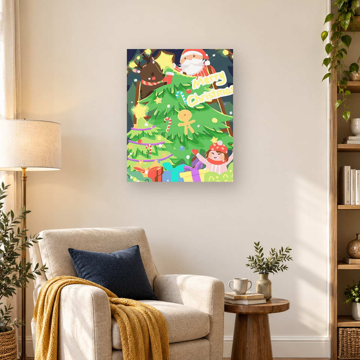 Colorful cartoon Christmas tree with Santa, reindeer, child, ornaments, candy canes, and wrapped gifts — 03_lifestyle_hero