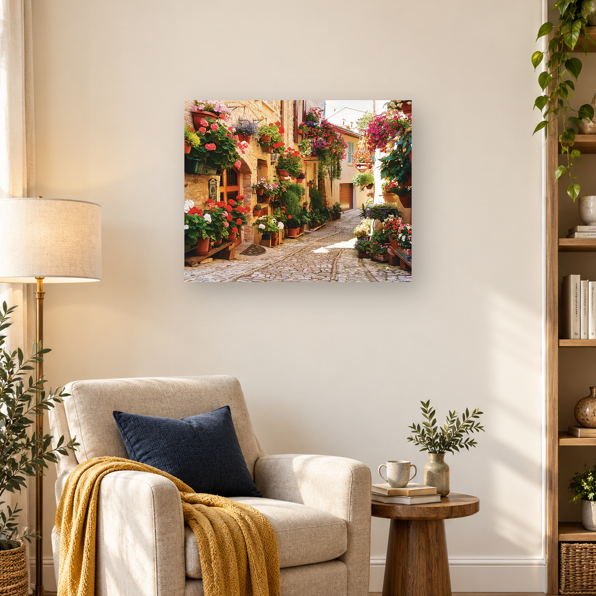 Sunlit cobblestone alley framed by stone buildings and abundant colorful potted flowers — 03_lifestyle_hero