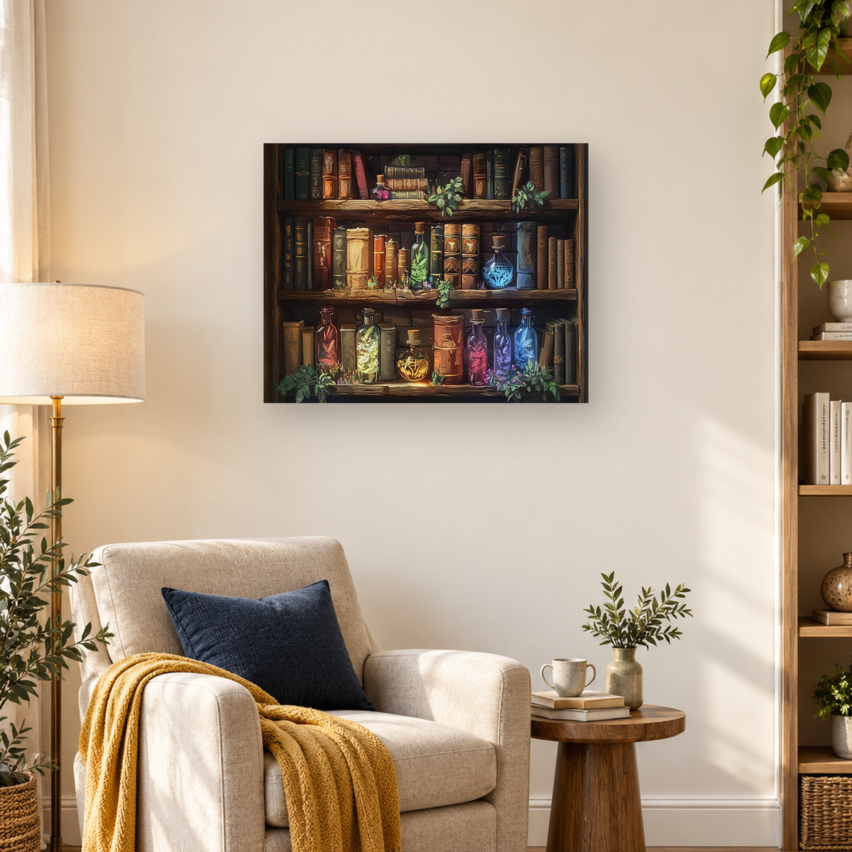 Antique bookshelf filled with books, colorful glass bottles, vials, and trailing green plants — 03_lifestyle_hero