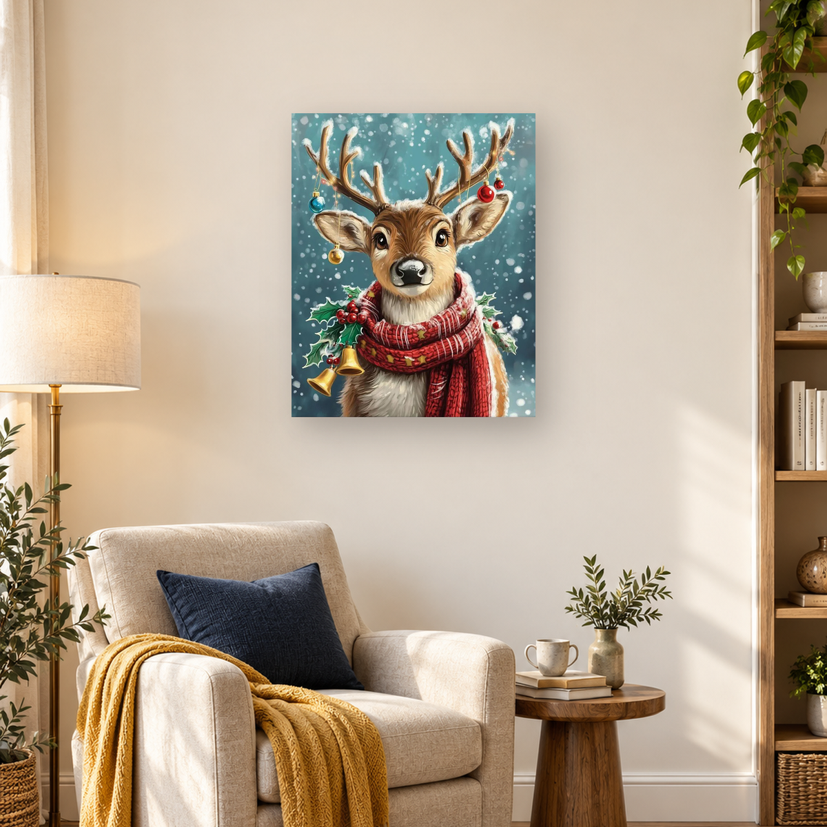 Close-up reindeer wearing a red scarf with holly, bells, ornaments, and falling snow