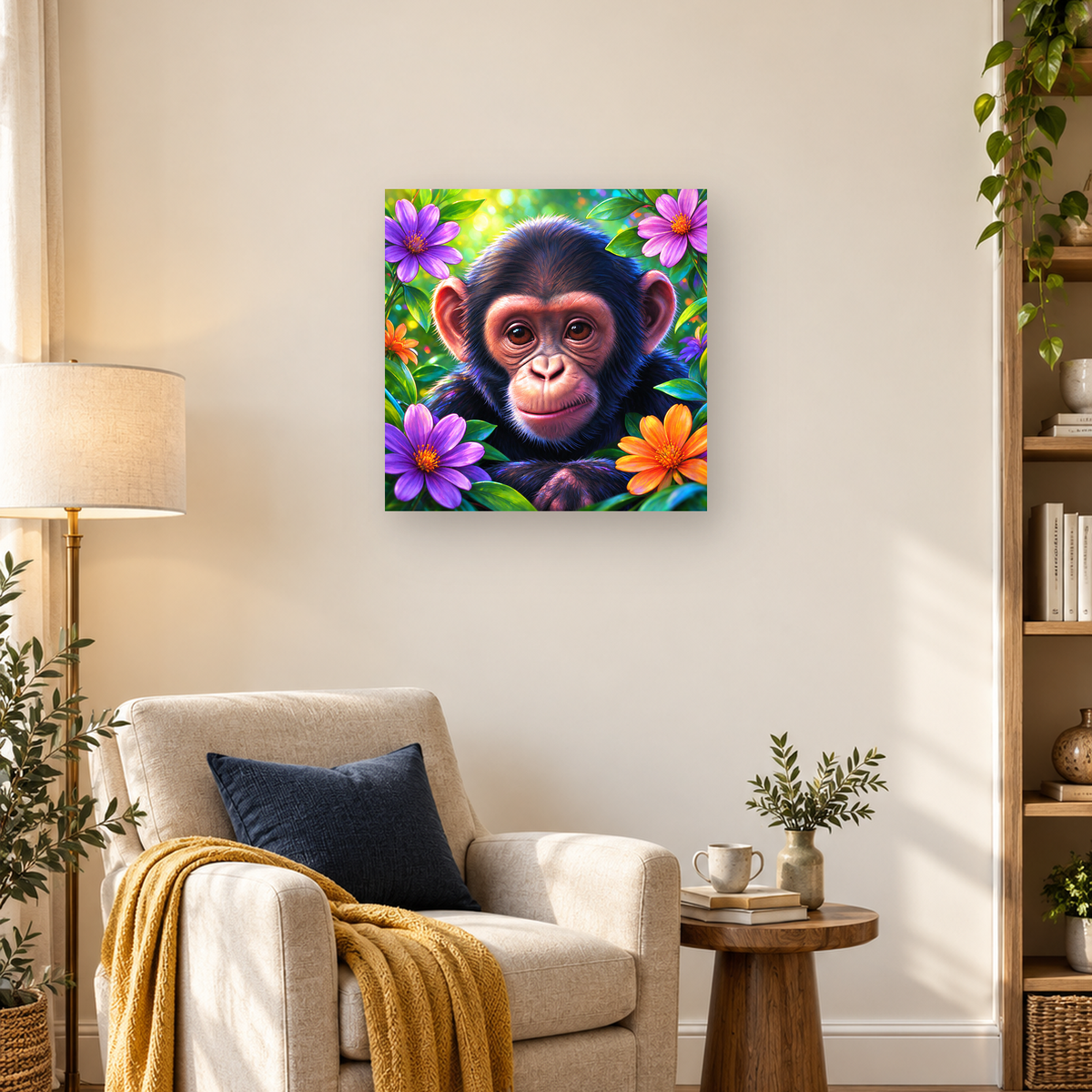 Colorful close-up chimpanzee portrait surrounded by purple and orange flowers and green leaves — 03_lifestyle_hero