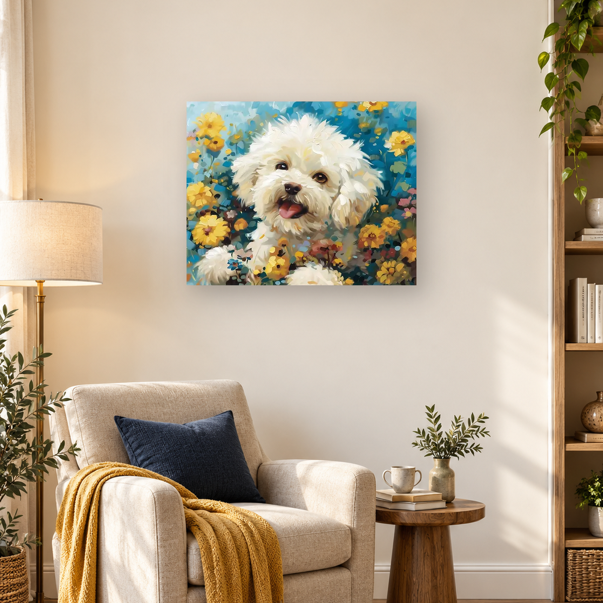 Fluffy white dog with tongue out surrounded by yellow flowers and blue-green foliage — 03_lifestyle_hero