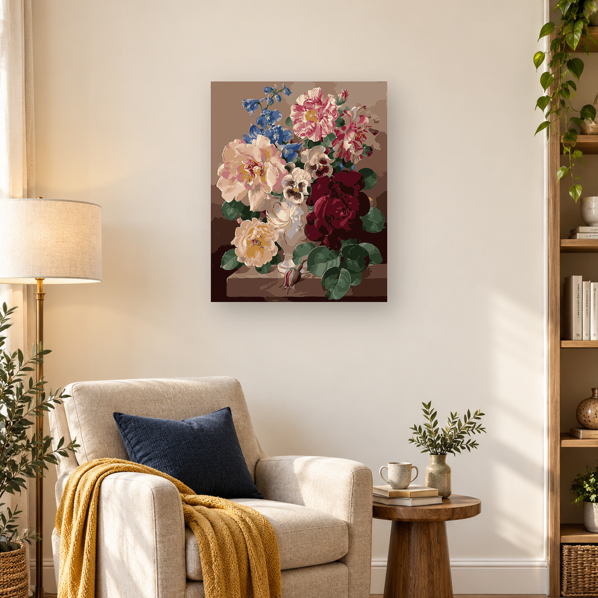 Colorful flower bouquet with blue, pink, cream, and burgundy blossoms against a brown background. — 03_lifestyle_hero