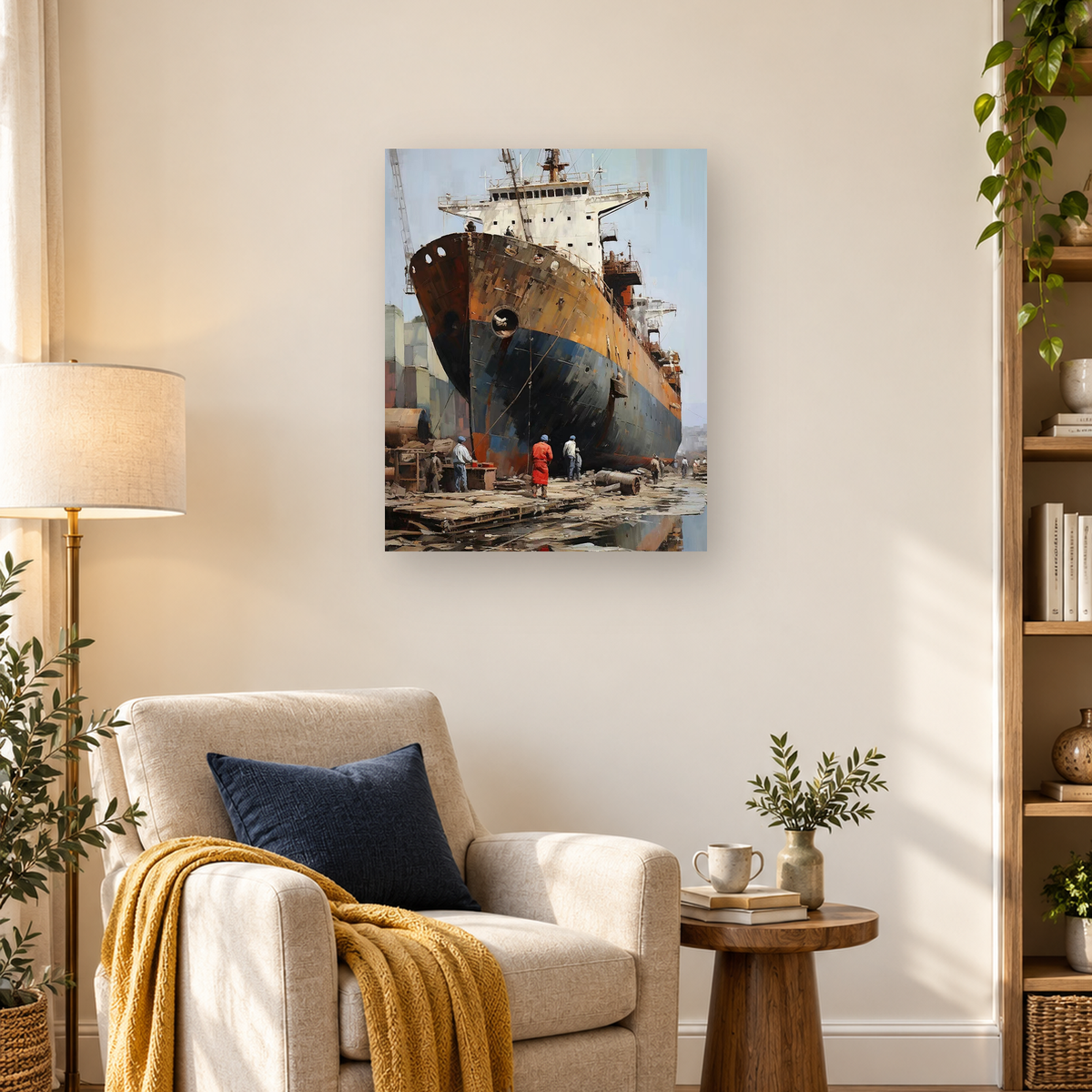 Towering weathered cargo ship with workers on a busy industrial shipyard dock — 03_lifestyle_hero