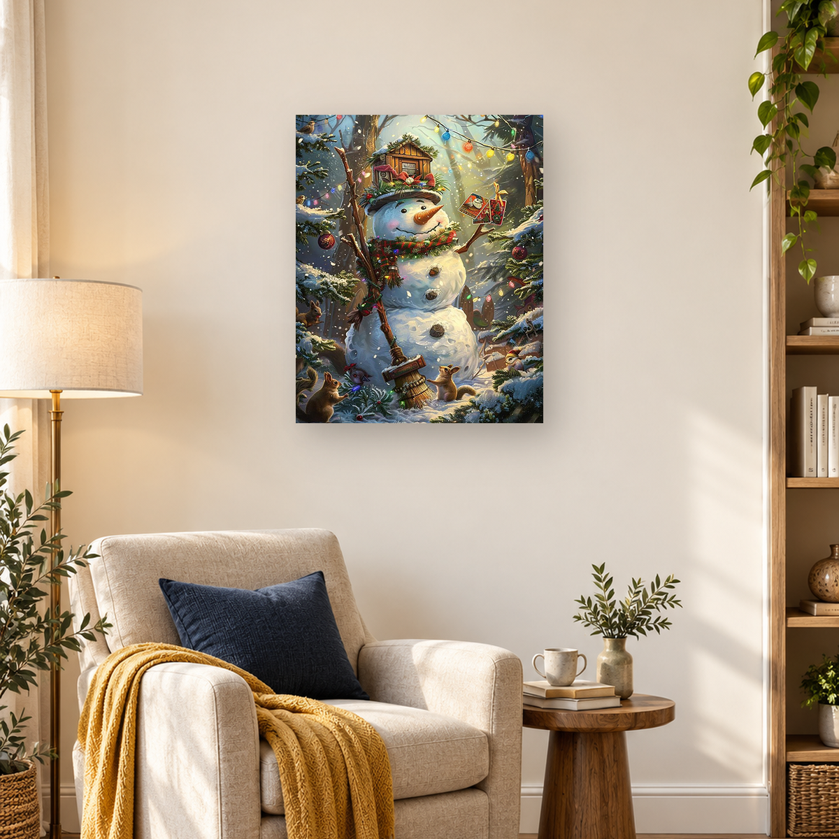 MalaMind Gallery V3 | 03 Lifestyle Hero | CH-260922-002 | Decorated snowman with a cabin hat, woodland animals, lights, and ornaments in a snowy evergreen forest