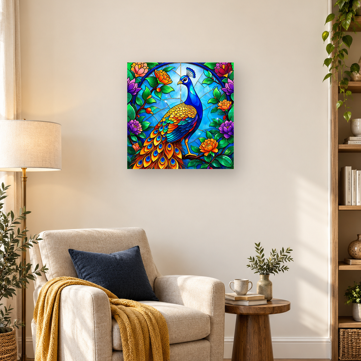 Colorful blue peacock with a patterned tail among flowers in a blue stained-glass design. — 03_lifestyle_hero