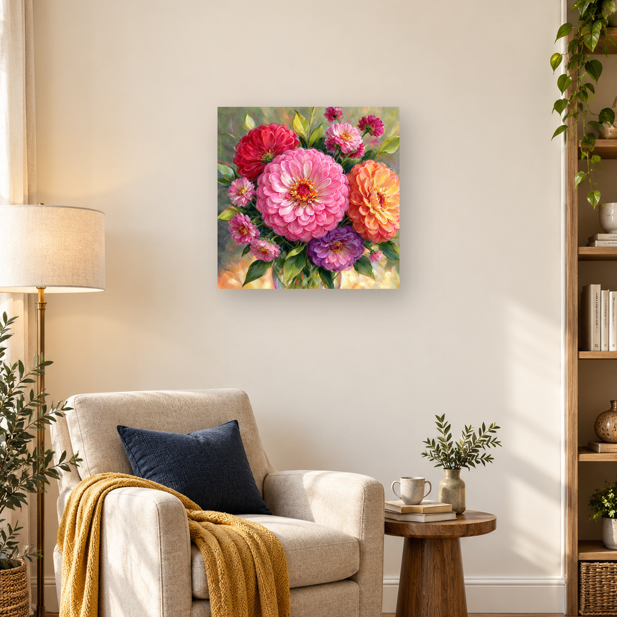 Colorful painted bouquet with a large pink flower, red and orange blossoms, purple flowers, and green leaves — 03_lifestyle_hero