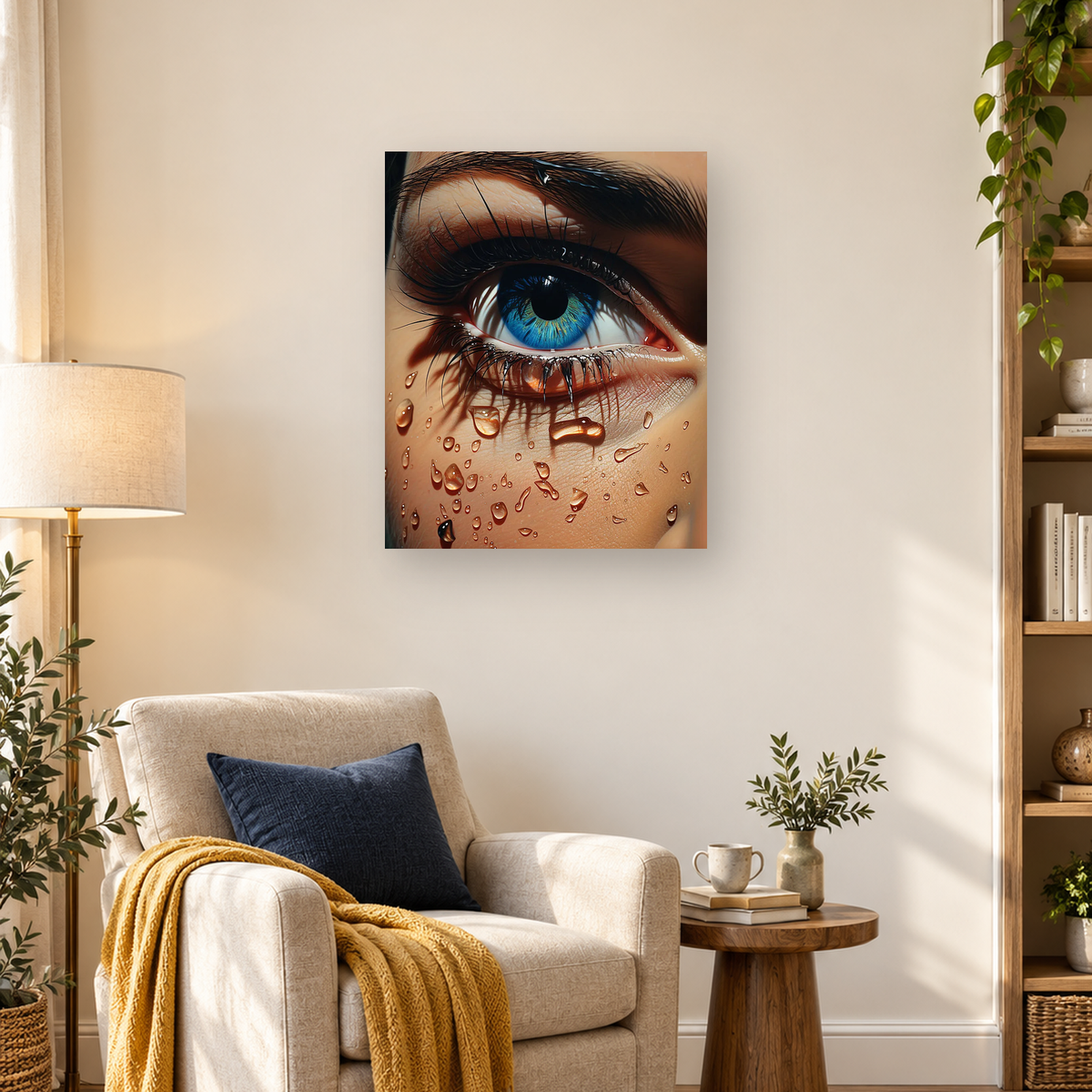 Hyperrealistic close-up of a vivid blue eye with dark lashes, tears, makeup, and water droplets on the skin. — 03_lifestyle_hero