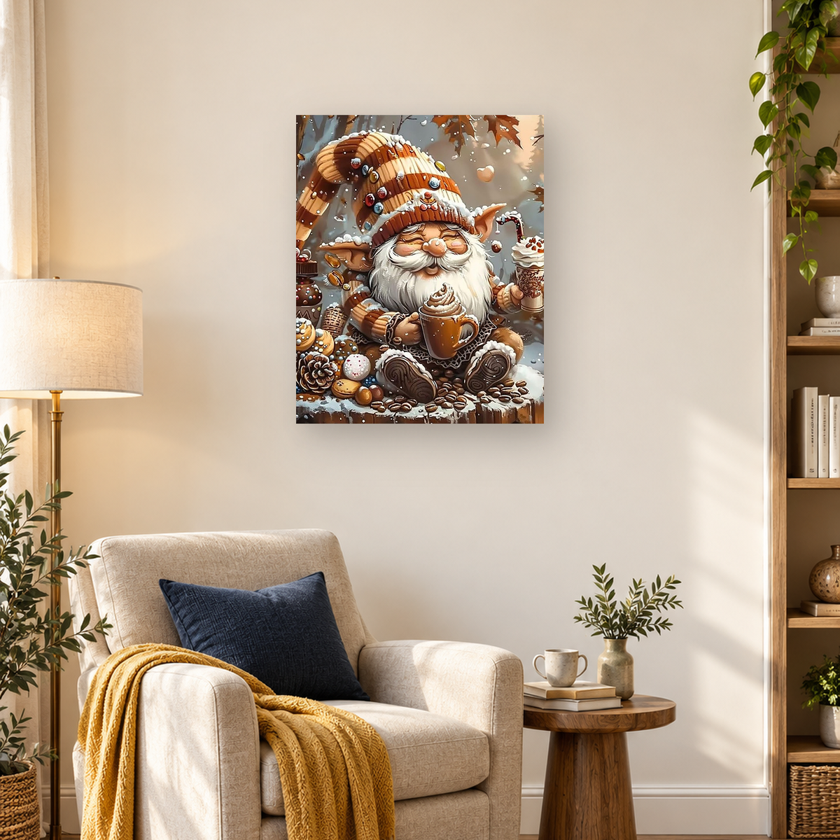 White-bearded gnome in a snowy woodland holding whipped-cream coffee among pastries and sweets