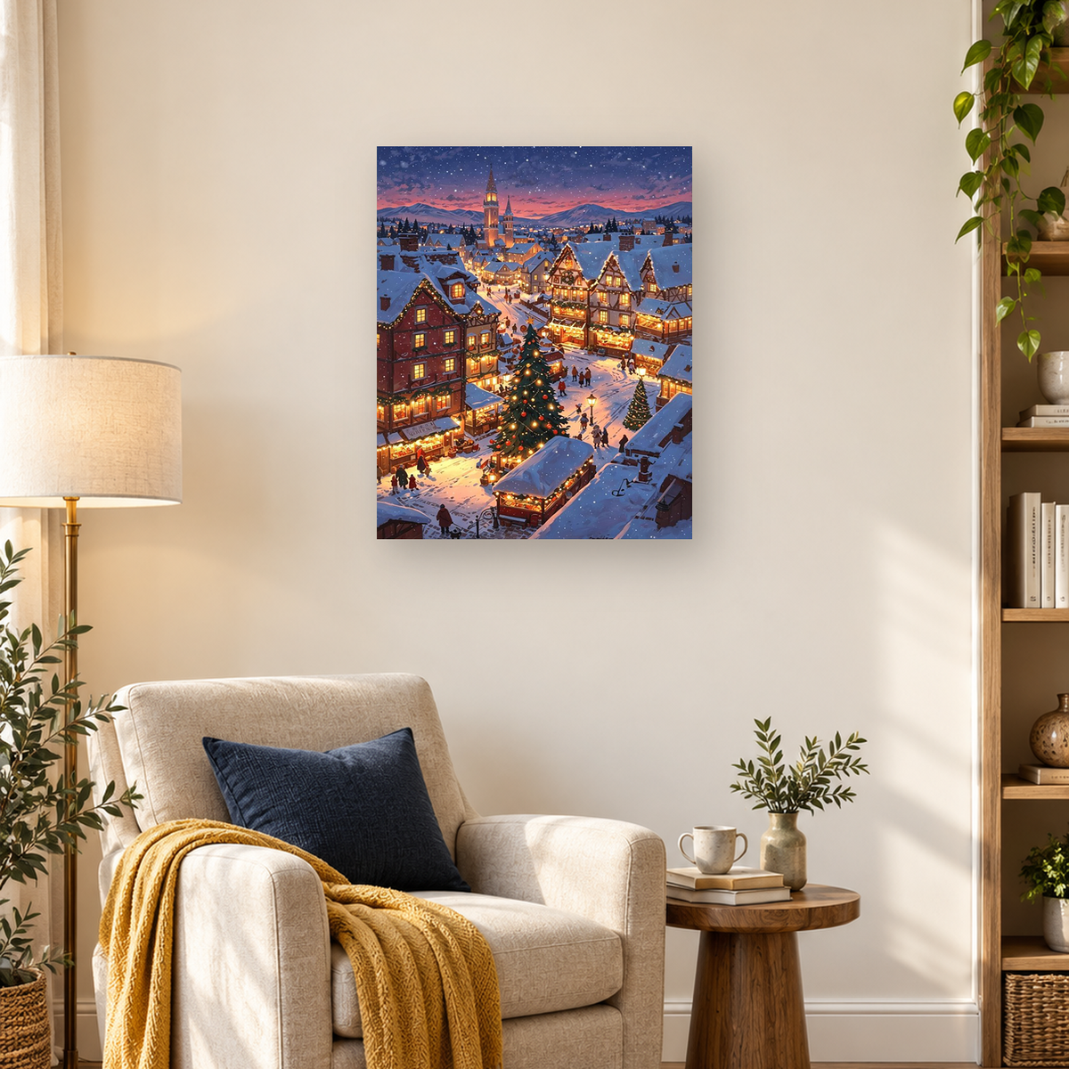 MalaMind Gallery V3 | 03 Lifestyle Hero | CH-260922-008 | Snowy alpine Christmas village with glowing market stalls, decorated trees, church towers, and mountains at twilight