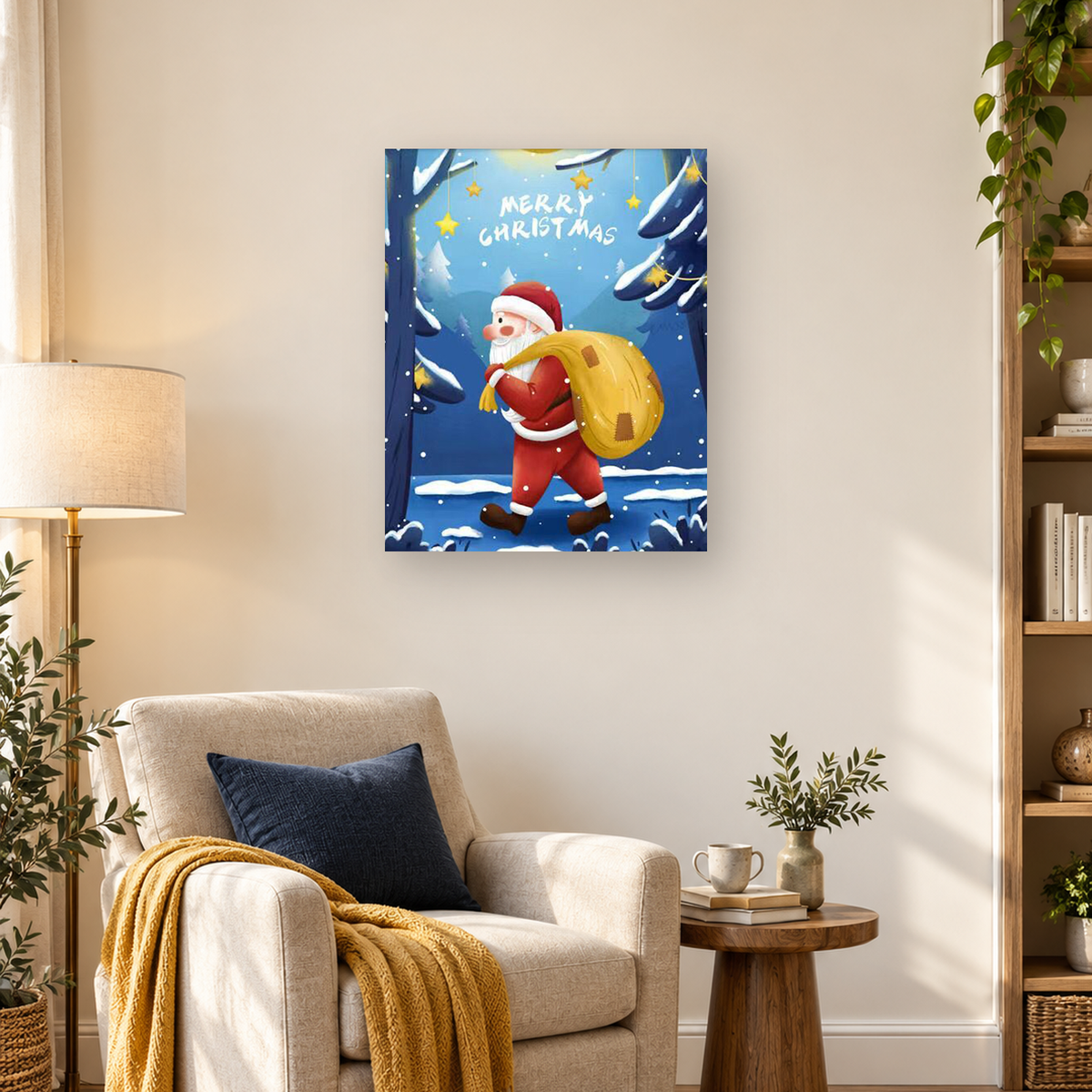 Cartoon Santa carries a large yellow sack through a snowy evergreen forest beneath a Merry Christmas greeting. — 03_lifestyle_hero