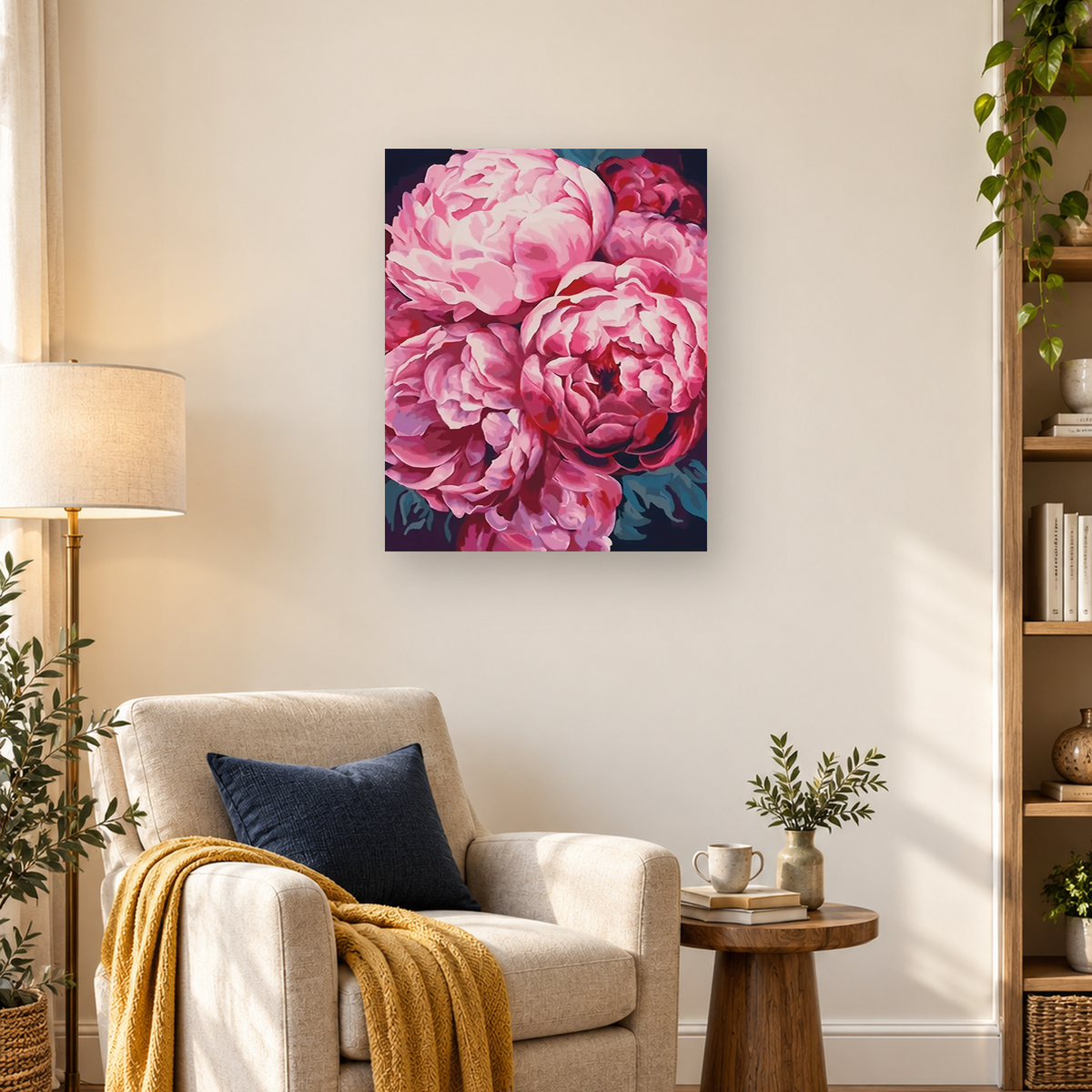 Close-up illustration of large layered pink peony flowers with dark teal foliage — 03_lifestyle_hero