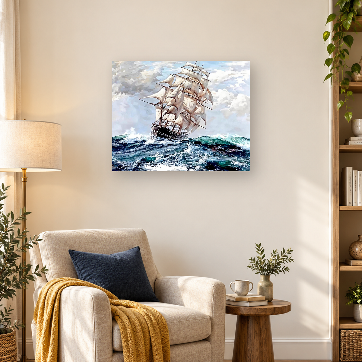 Tall cream-sailed ship with dark hull sailing through rough teal ocean waves under cloudy skies — 03_lifestyle_hero