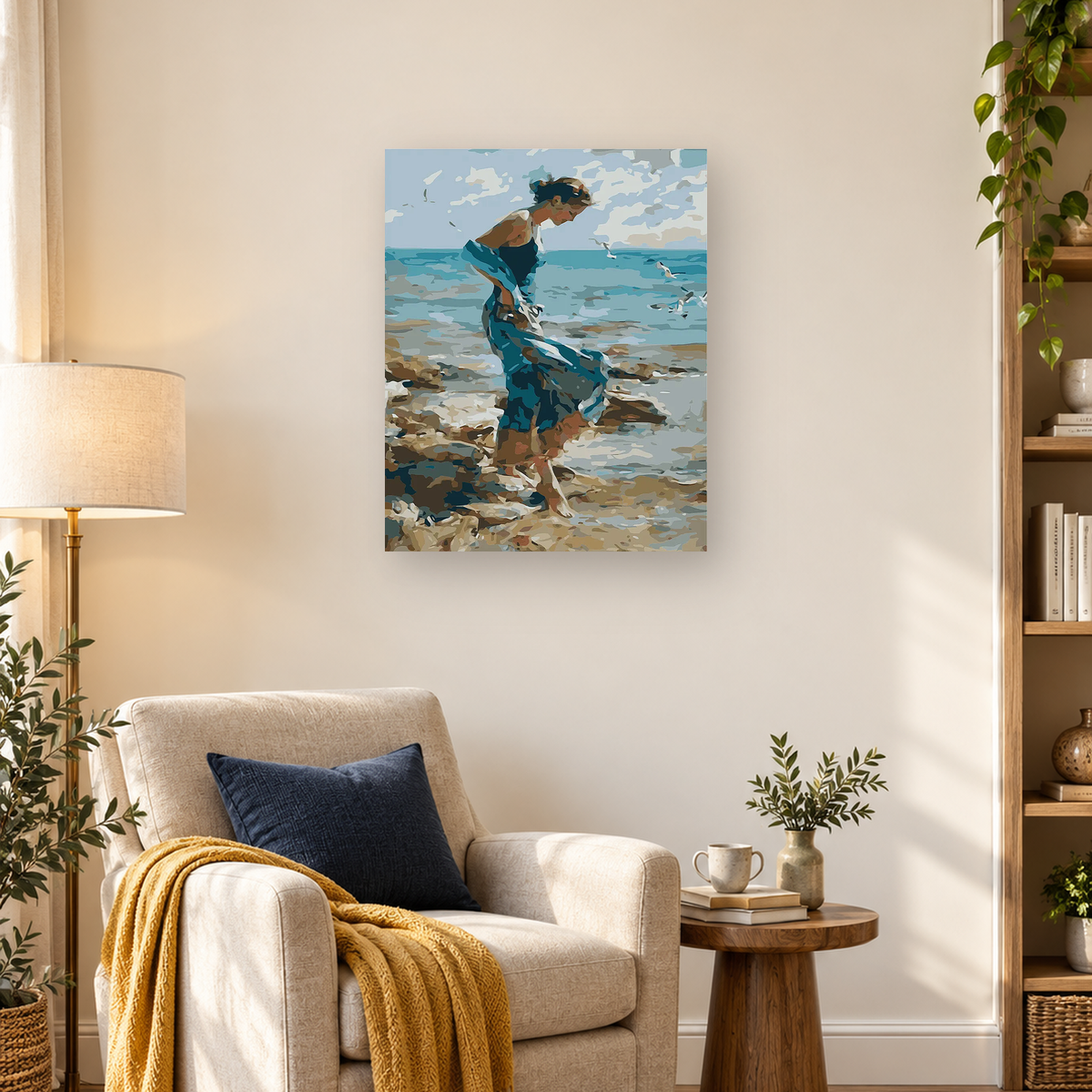 Stylized person wading through shallow coastal water with seabirds beneath a cloudy sky — 03_lifestyle_hero