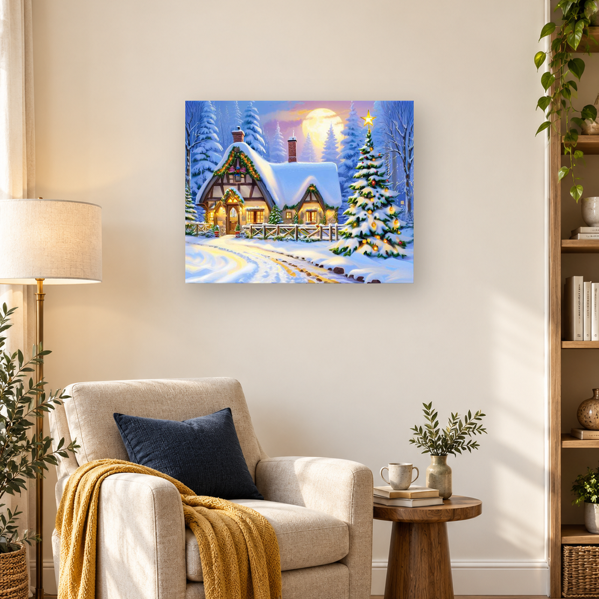Snow-covered cottage and decorated Christmas tree under a full moon in a winter forest — 03_lifestyle_hero
