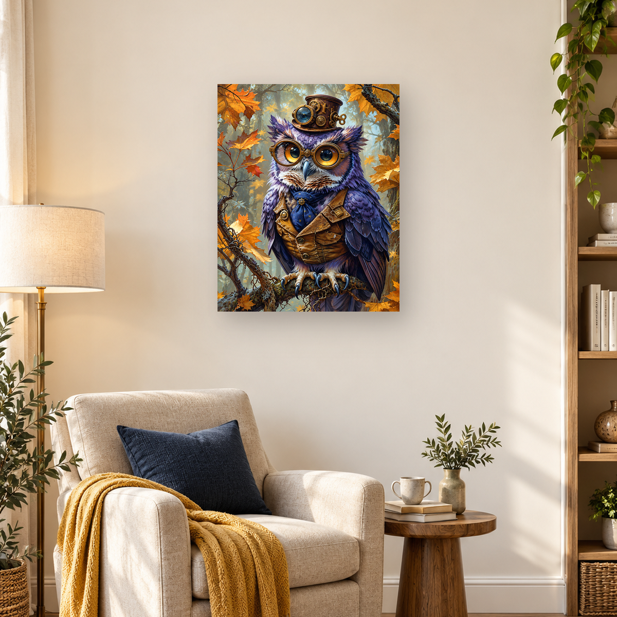 Purple steampunk owl with bronze goggles and top hat perched among orange autumn leaves — 03_lifestyle_hero