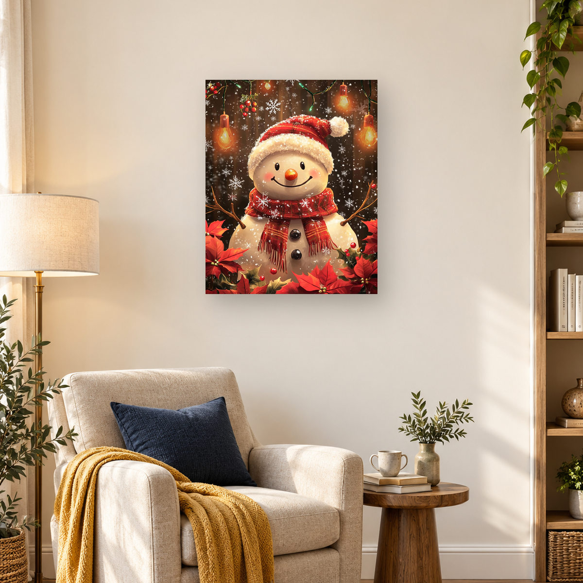 Smiling snowman in a Santa hat and plaid scarf surrounded by snow, lights, holly, and poinsettias