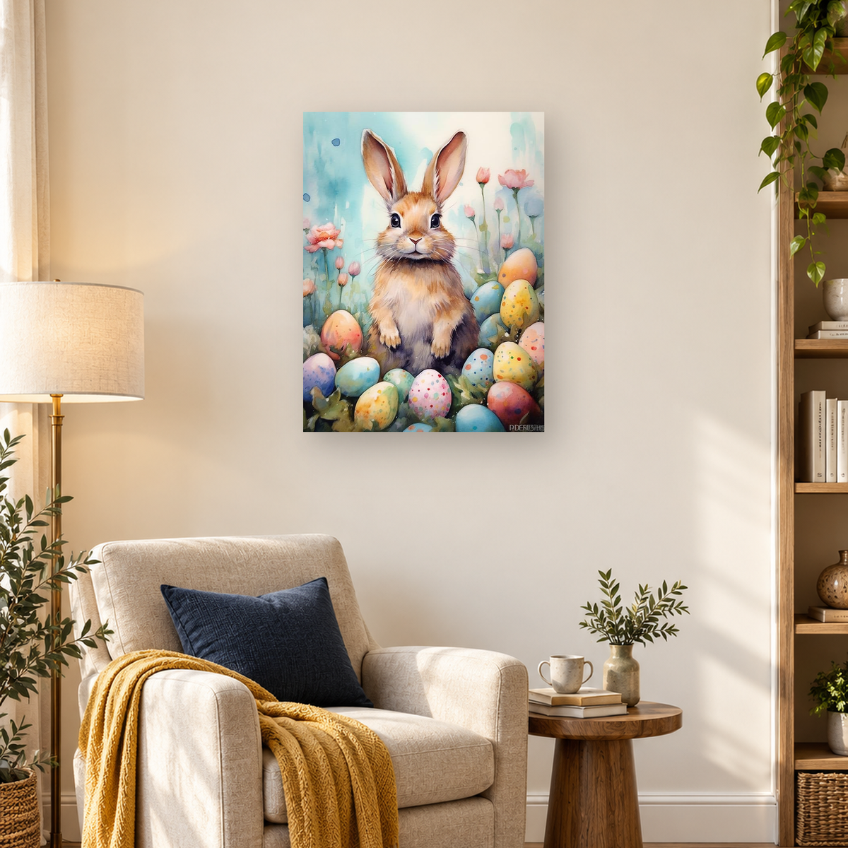 Watercolor brown rabbit surrounded by pastel decorated eggs, pink flowers, and green foliage. — 03_lifestyle_hero