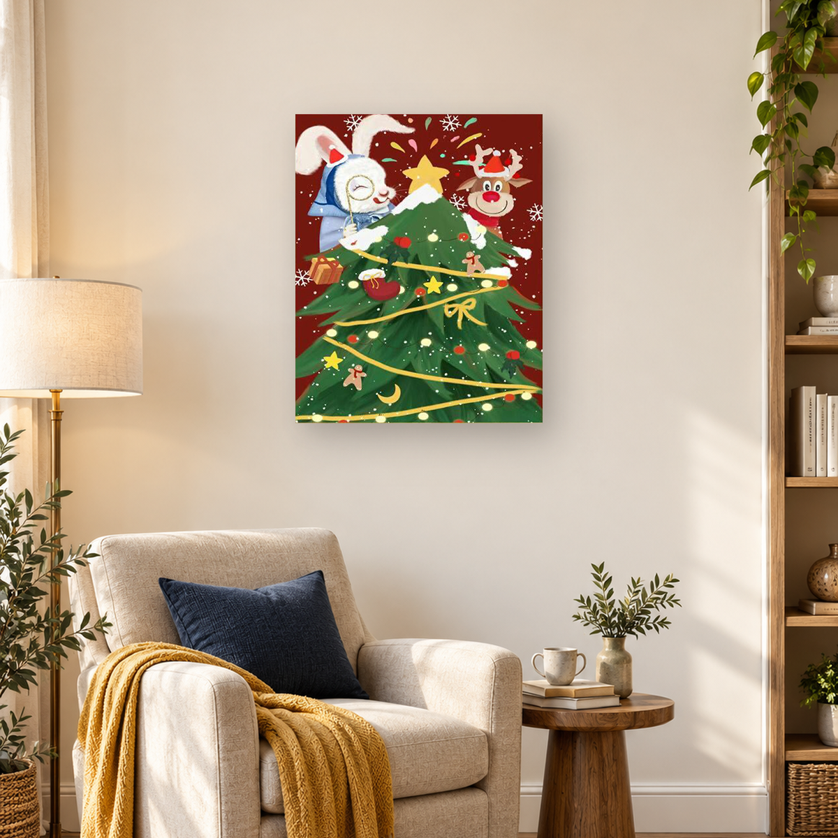 Cartoon Christmas tree with yellow garlands, a white animal, reindeer, gifts, ornaments, and snowflakes — 03_lifestyle_hero