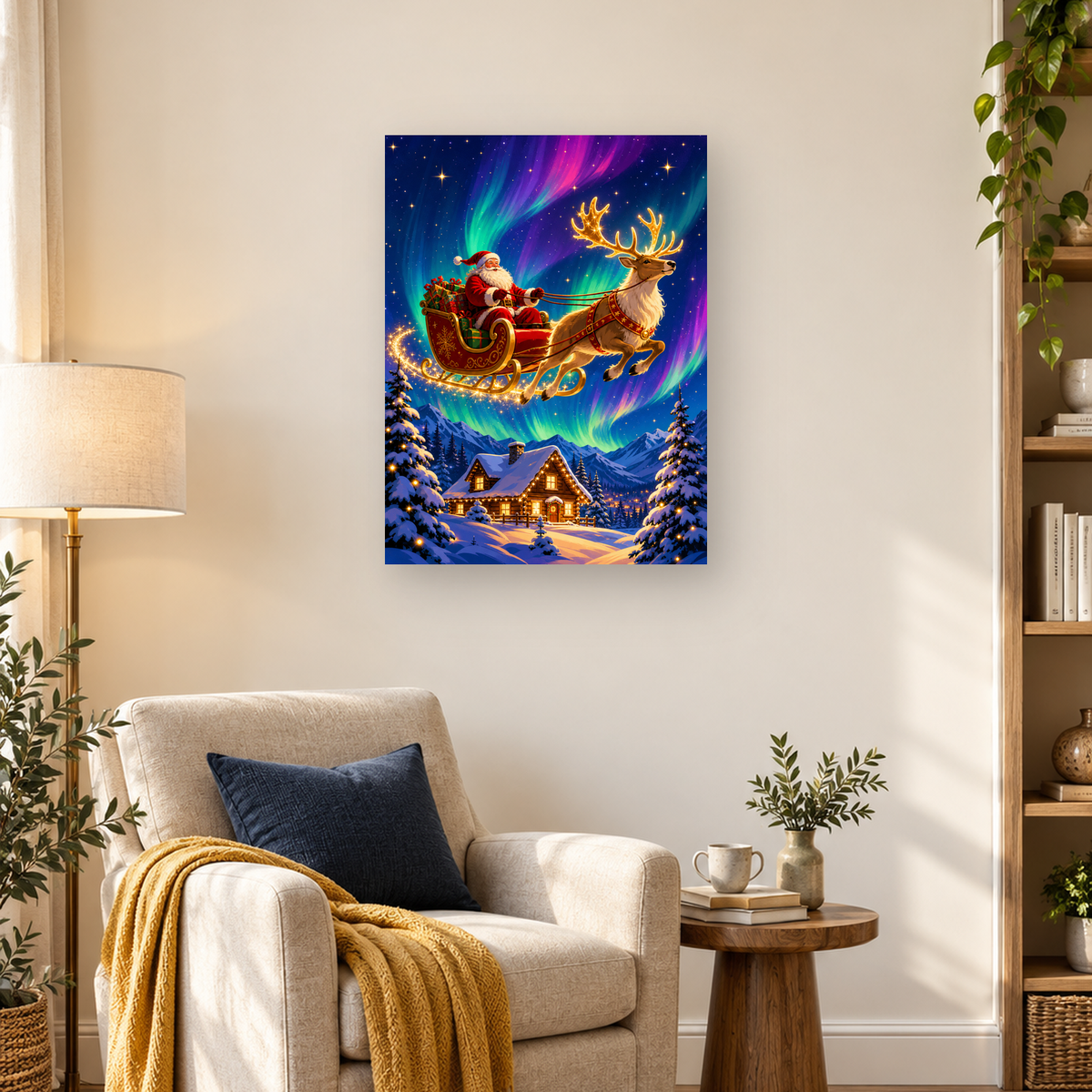 MalaMind Gallery V3 | 03 Lifestyle Hero | CH-260929-001 | Santa rides a glowing reindeer sleigh above a snowy cabin beneath a colorful aurora.