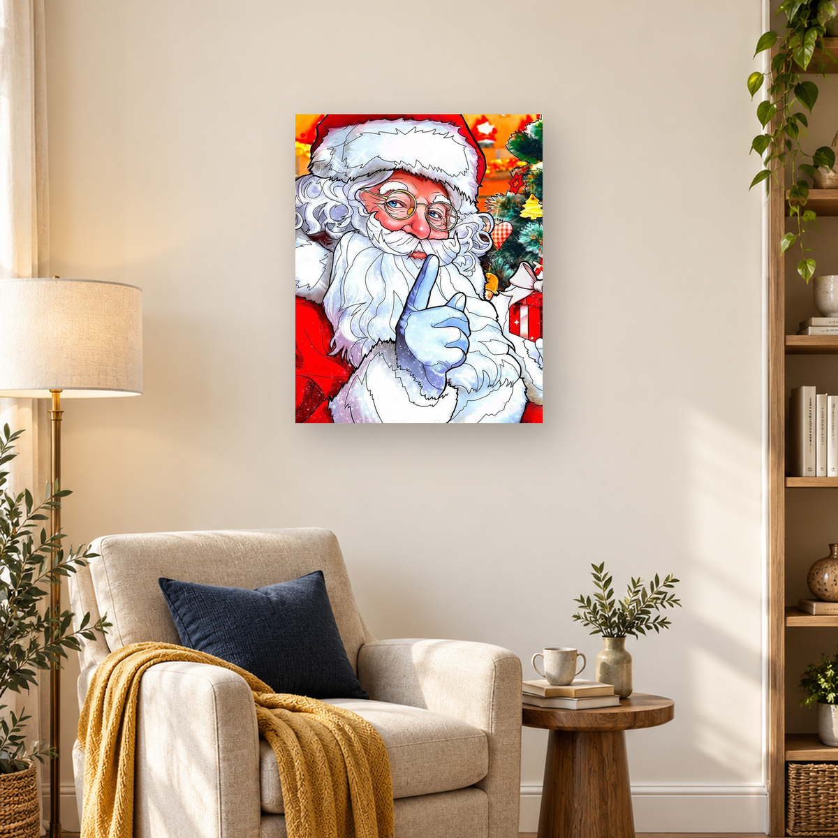 Cartoon Santa with gold glasses and blue glove beside a decorated Christmas tree and wrapped gift — 03_lifestyle_hero
