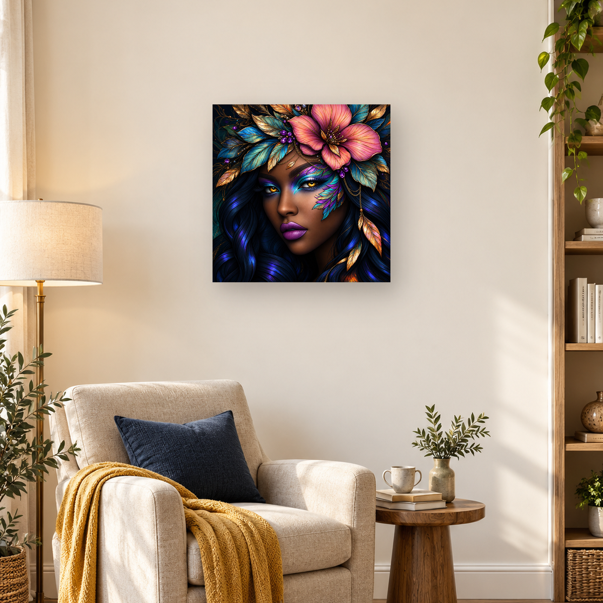 Close-up woman portrait with pink flowers, blue leaves, gemstones, feathers, and dark blue hair — 03_lifestyle_hero