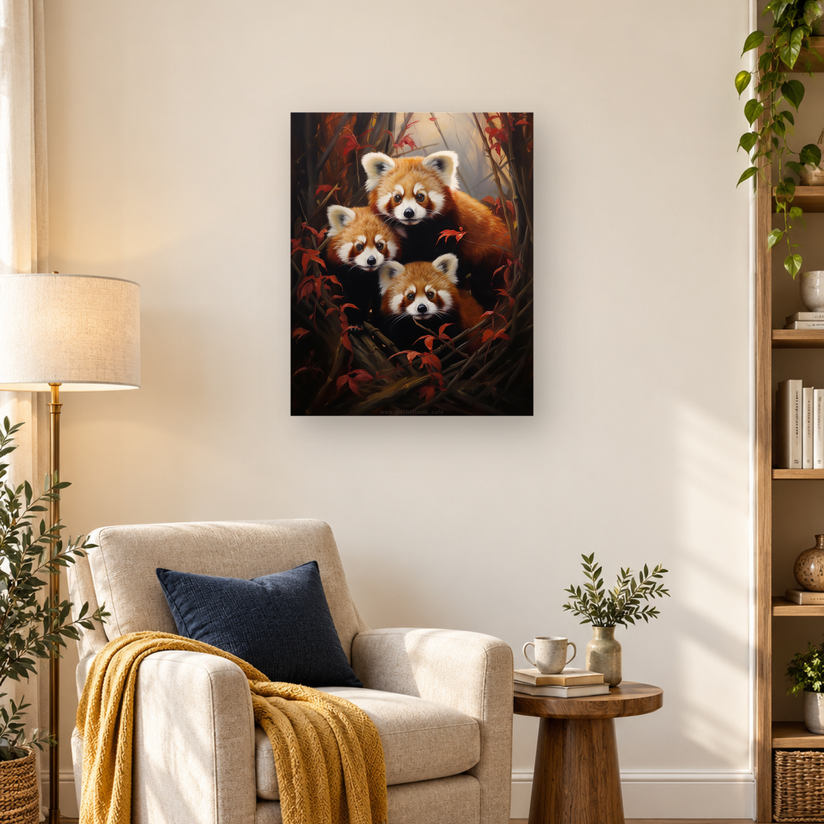 Three red pandas gathered among dark tree trunks and red autumn leaves — 03_lifestyle_hero