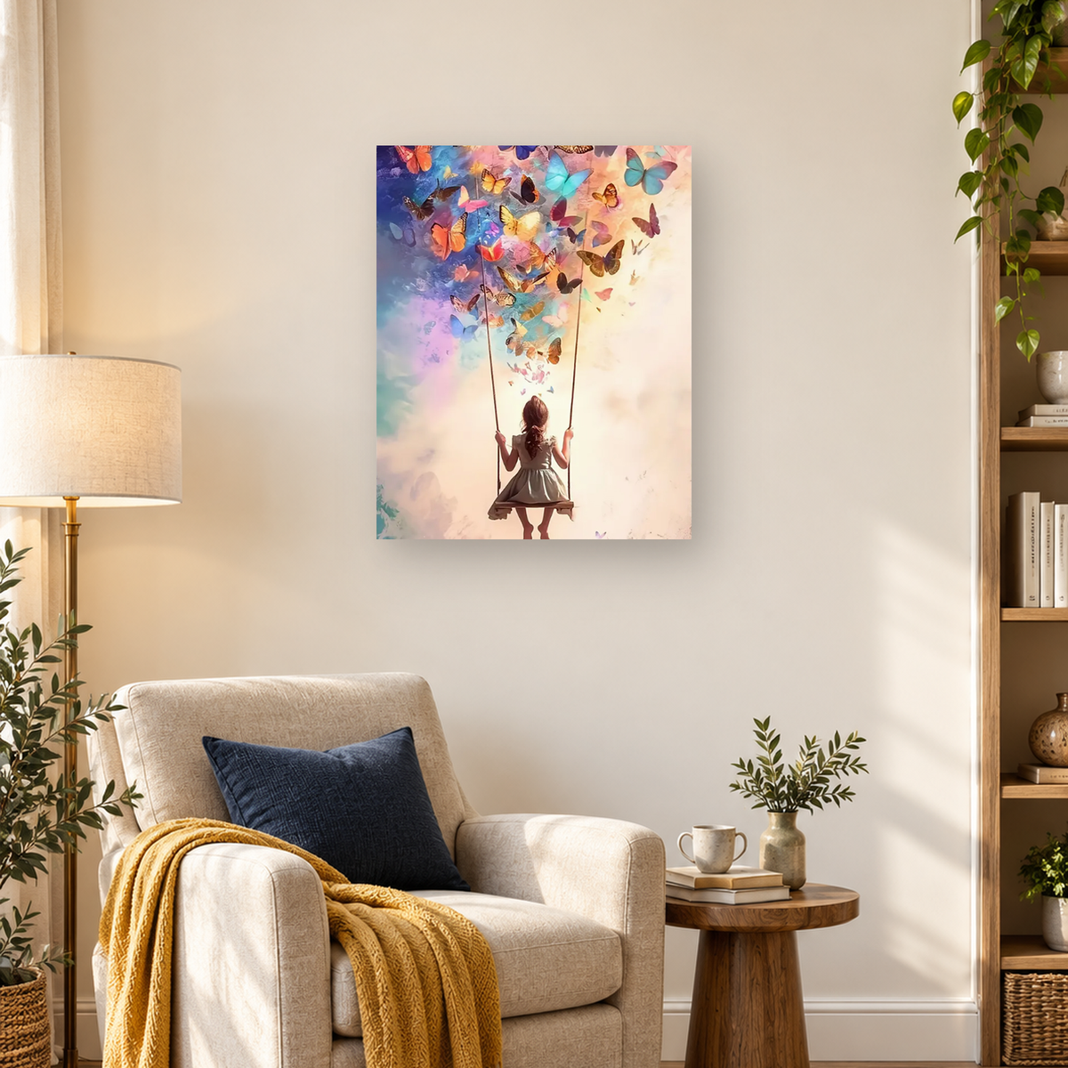Back-facing girl in a gray dress on a swing surrounded by colorful butterflies — 03_lifestyle_hero