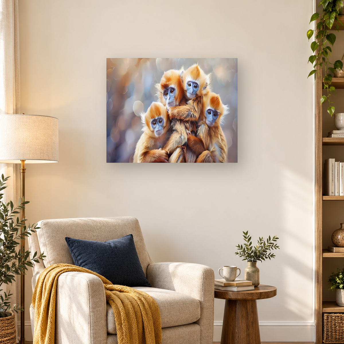 Four golden-furred monkeys with blue-gray faces grouped closely against a softly blurred background — 03_lifestyle_hero