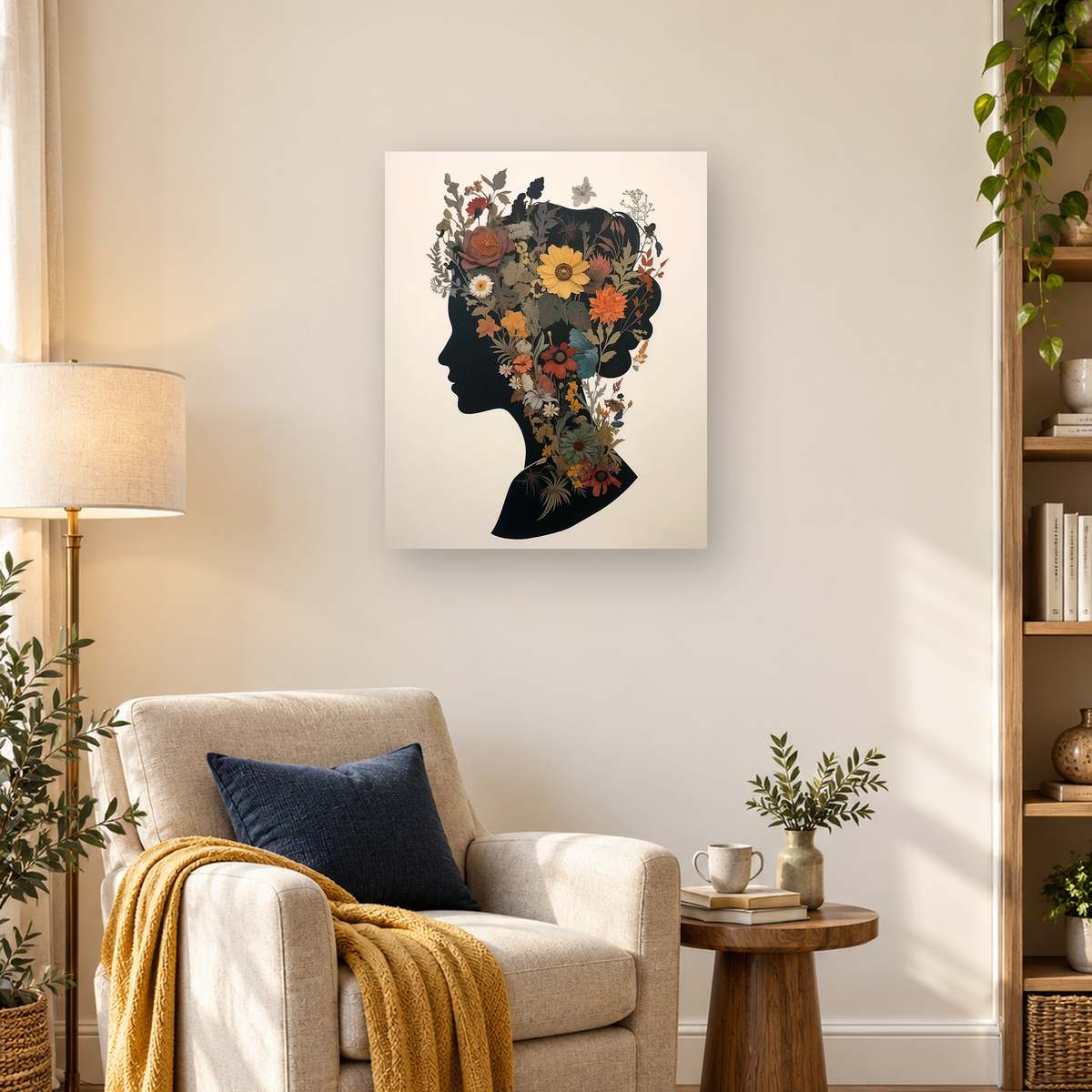 Left-facing woman's profile filled with colorful flowers and foliage on a cream background — 03_lifestyle_hero