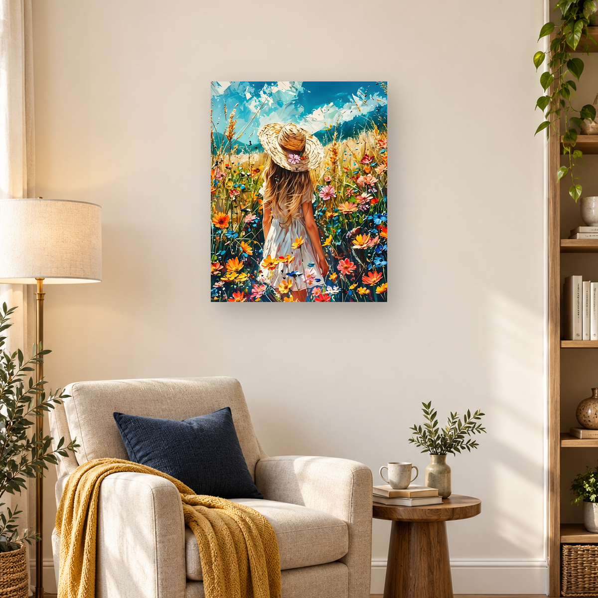 Back-facing girl in a white dress and straw hat standing in a colorful wildflower meadow — 03_lifestyle_hero