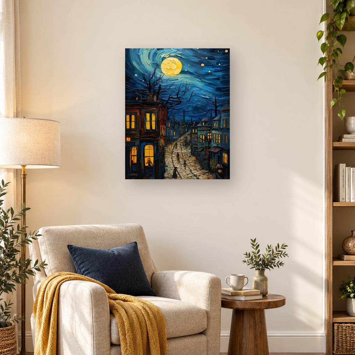 Moonlit cobblestone village street with glowing windows, bare trees, stars, and a large golden moon — 03_lifestyle_hero