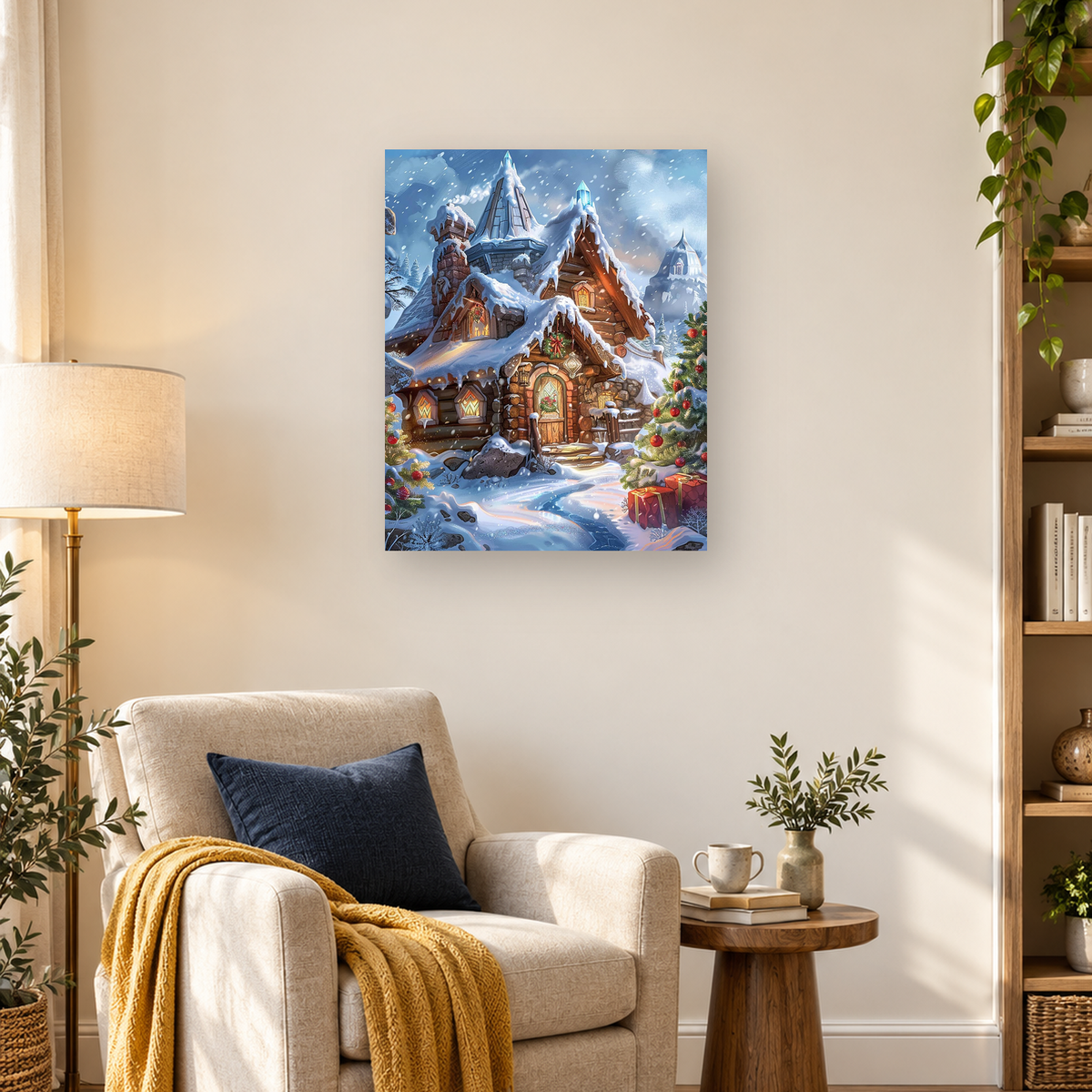 Snow-covered Christmas village cabin with glowing windows, evergreen branches, ornaments, presents, and falling snow