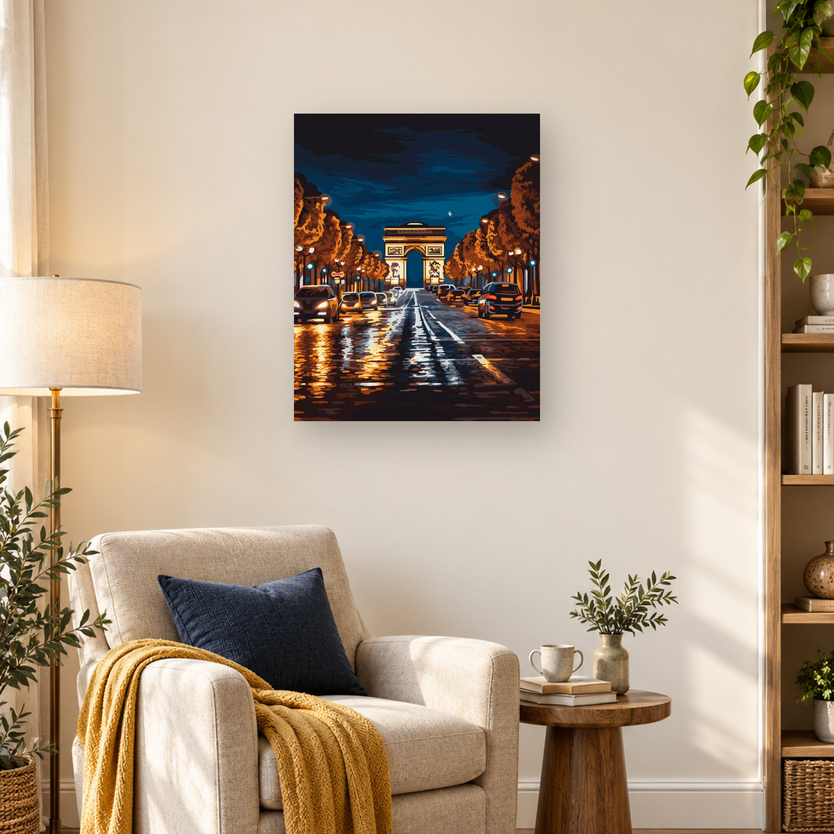 Stylized rainy nighttime boulevard with cars and autumn trees leading to the Arc de Triomphe. — 03_lifestyle_hero