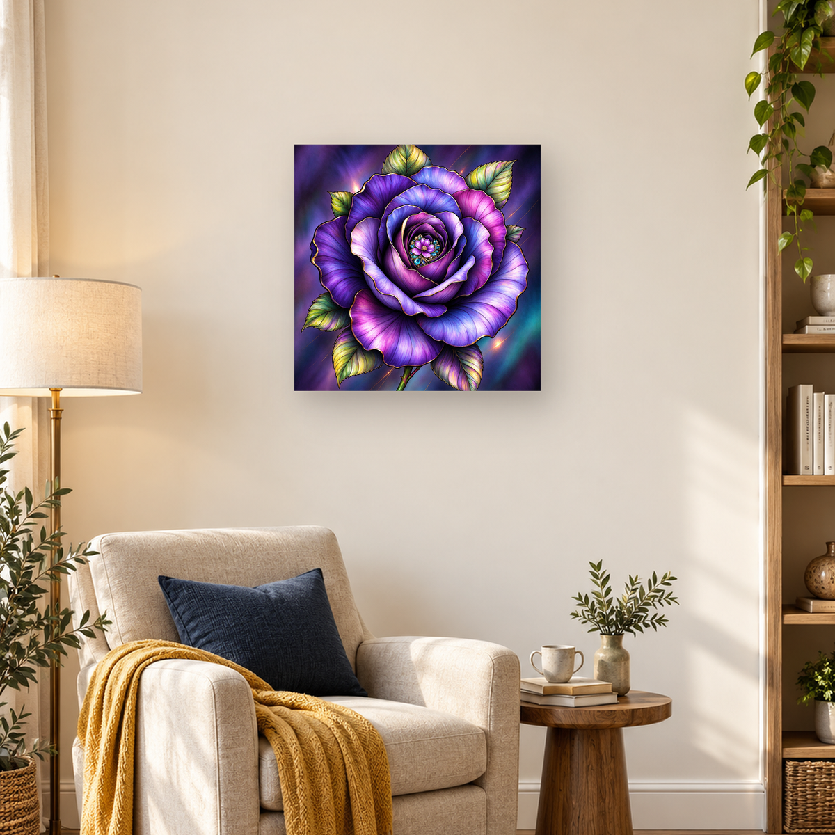 Ornate purple flower with layered petals, green leaves, gold edges, and a blue floral center — 03_lifestyle_hero