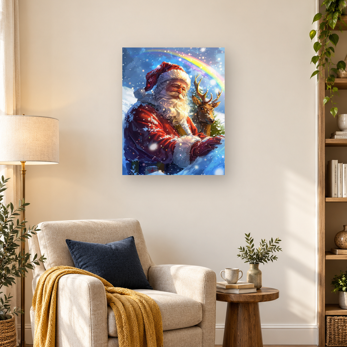Santa in a snowy red suit beside a reindeer beneath a bright rainbow
