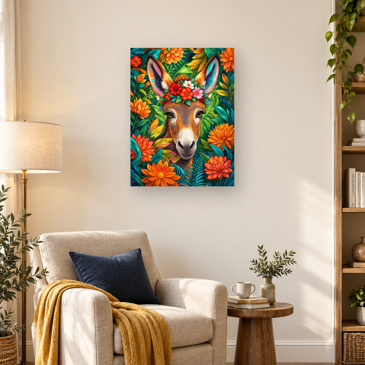 Colorful donkey portrait wearing a flower crown, surrounded by tropical leaves and orange, red, and pink flowers — 03_lifestyle_hero