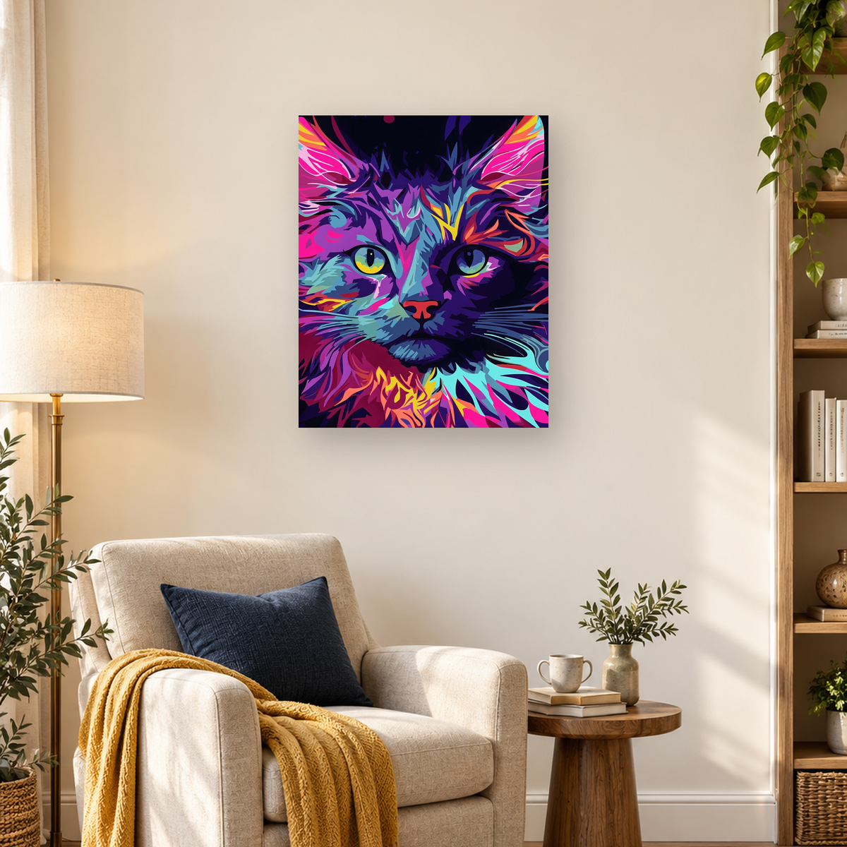 Abstract close-up cat face with angular neon fur patterns and large yellow-green eyes — 03_lifestyle_hero