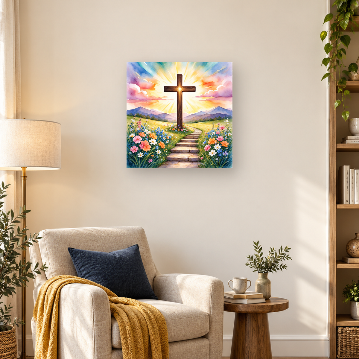 Watercolor wooden cross glowing above a wildflower meadow and stone path with mountains in the background — 03_lifestyle_hero
